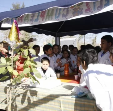 Festejos con torta y globos en una plaza Festejos con torta y globos en una plaza