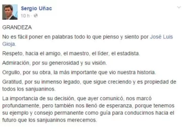 Sergio Uñac, sobre la decisión de Gioja: “Nos marcó profundamente” Sergio Uñac, sobre la decisión de Gioja: “Nos marcó profundamente”
