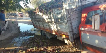 Cedió el pavimento, quedó enterrado y casi pierde todo su cargamento de uva Cedió el pavimento, quedó enterrado y casi pierde todo su cargamento de uva