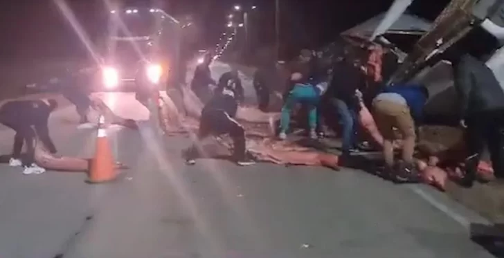 Volcó un camión con carne en San Luis y vecinos se llevaron parte de la carga
