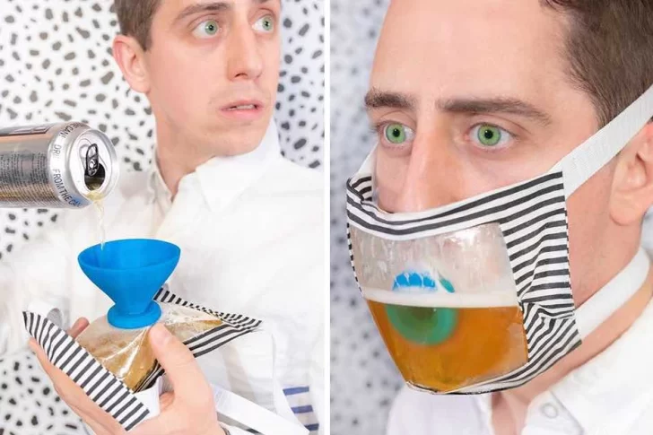 El increíble dispenser de cerveza en un barbijo
