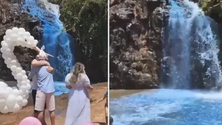 Tiñeron de azul una cascada de agua potable para revelar el sexo de su bebé Tiñeron de azul una cascada de agua potable para revelar el sexo de su bebé