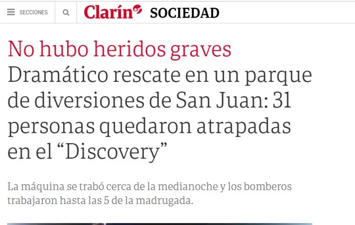 El dramático momento en el parque de diversiones, en todos los medios nacionales El dramático momento en el parque de diversiones, en todos los medios nacionales