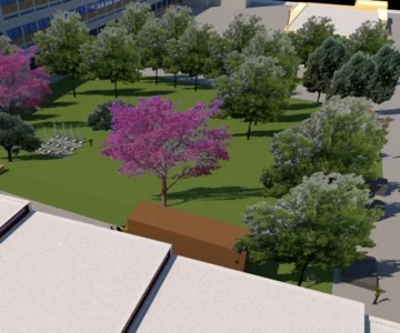 El edificio escolar que tendrá una plaza interna para contener a los estudiantes El edificio escolar que tendrá una plaza interna para contener a los estudiantes