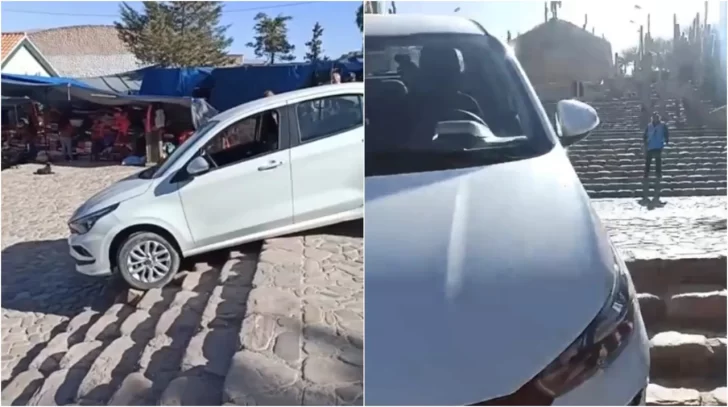 Por un error del GPS, el auto de un turista quedó atascado en un monumento de Jujuy Por un error del GPS, el auto de un turista quedó atascado en un monumento de Jujuy