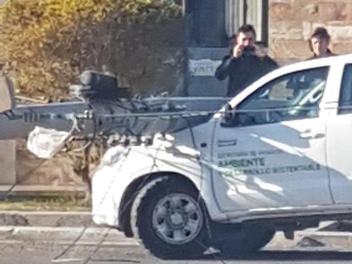 Empleados de Ambiente se pararon en una panadería y un poste les cayó sobre la camioneta Empleados de Ambiente se pararon en una panadería y un poste les cayó sobre la camioneta