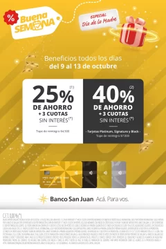 Día de la Madre: hasta 40% de descuento, 3 y 6 cuotas sin interés con tarjetas de Banco San Juan Día de la Madre: hasta 40% de descuento, 3 y 6 cuotas sin interés con tarjetas de Banco San Juan