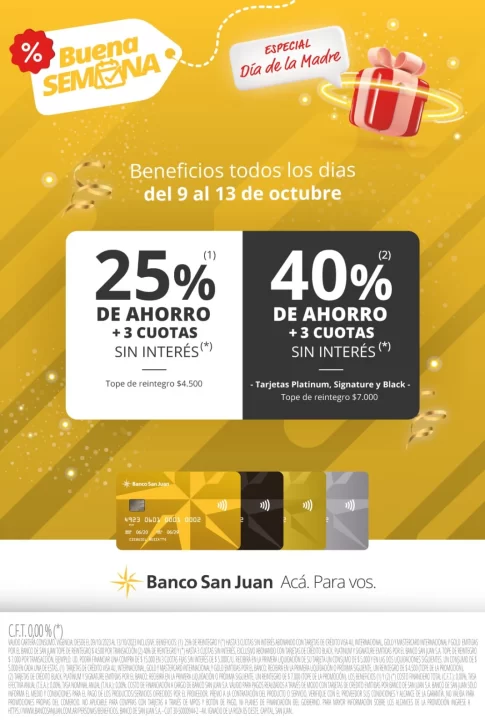 Día de la Madre: hasta 40% de descuento, 3 y 6 cuotas sin interés con tarjetas de Banco San Juan Día de la Madre: hasta 40% de descuento, 3 y 6 cuotas sin interés con tarjetas de Banco San Juan
