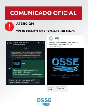 OSSE alertó sobre presuntas estafas en su nombre OSSE alertó sobre presuntas estafas en su nombre