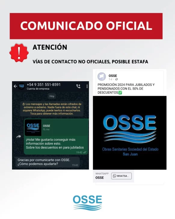 OSSE alertó sobre presuntas estafas en su nombre OSSE alertó sobre presuntas estafas en su nombre