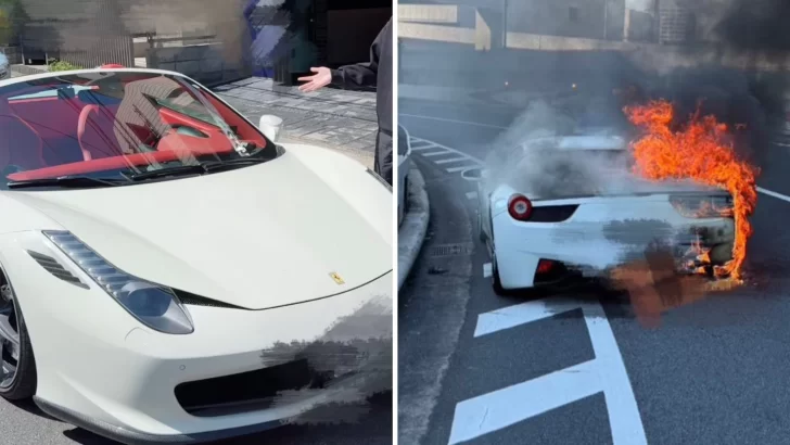 Ahorró durante 10 años, compró su Ferrari soñada y una hora después se le incendió