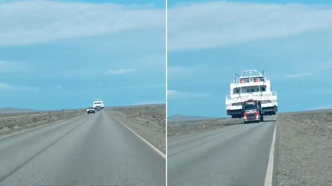 Insólito: un automovilista se cruzó con un barco en la Ruta 40 Insólito: un automovilista se cruzó con un barco en la Ruta 40