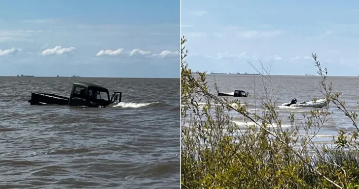 [VIDEO] Se metieron con su camioneta al Río de la Plata, el agua la tapó y volvieron a la costa nadando