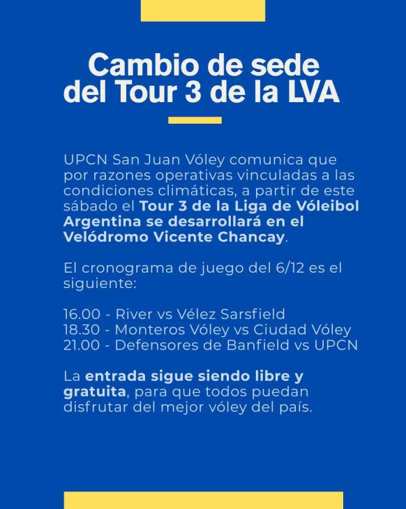 UPCN cambia de sede para la tercera jornada del Tour 3 de la LVA UPCN cambia de sede para la tercera jornada del Tour 3 de la LVA
