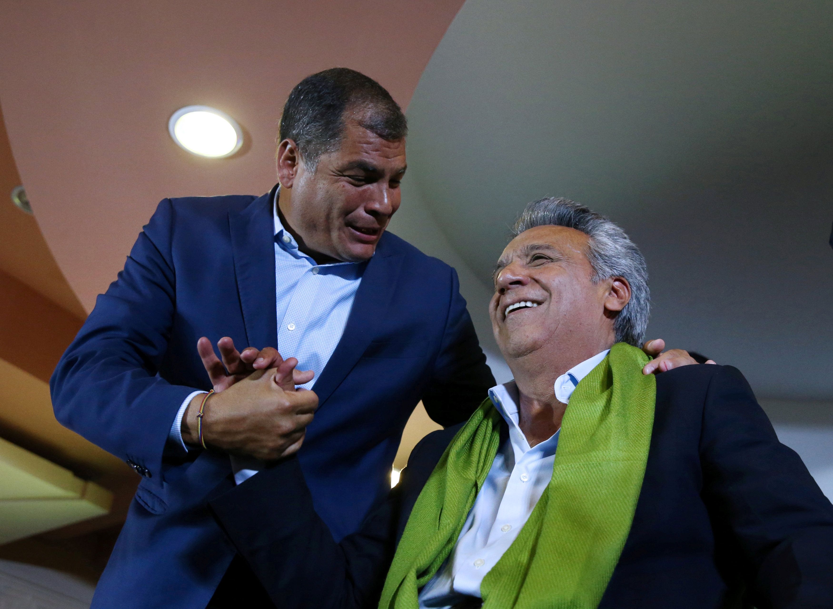 Ecuadorean presidential candidate Lenin Moreno is greated by Ecuador's President Rafael Correa while waiting for the results of the national election in a hotel, in Quito Ecuadorean presidential candidate Lenin Moreno is greated by Ecuador's President Rafael Correa while waiting for the results of the national election in a hotel, in Quito