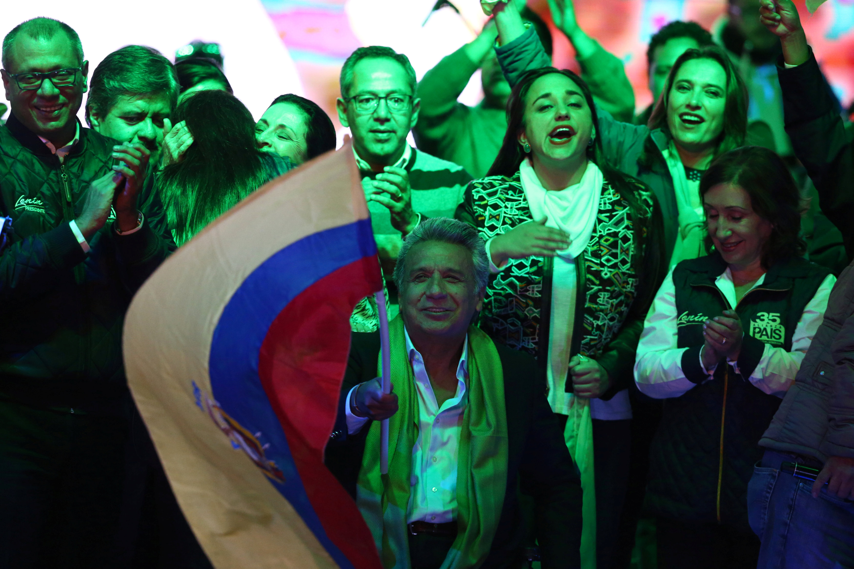 Ecuadorean presidential candidate Lenin Moreno and supporters wait for the results of the national election in a hotel in Quito Ecuadorean presidential candidate Lenin Moreno and supporters wait for the results of the national election in a hotel in Quito