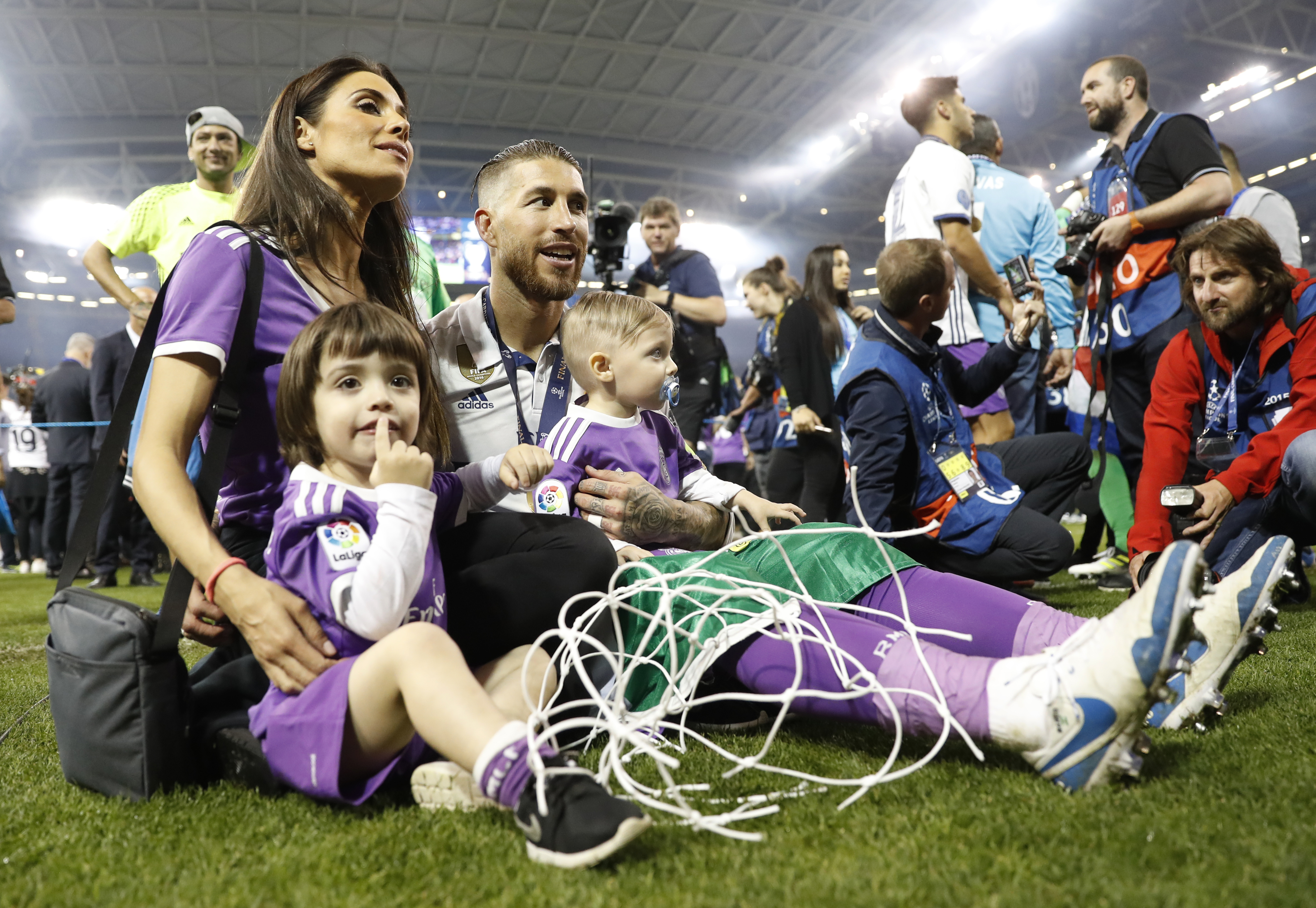 Real Madrid's Sergio Ramos celebrates with family after winning the UEFA Champions League Final - 17-CCT51731 Real Madrid's Sergio Ramos celebrates with family after winning the UEFA Champions League Final - 17-CCT51731
