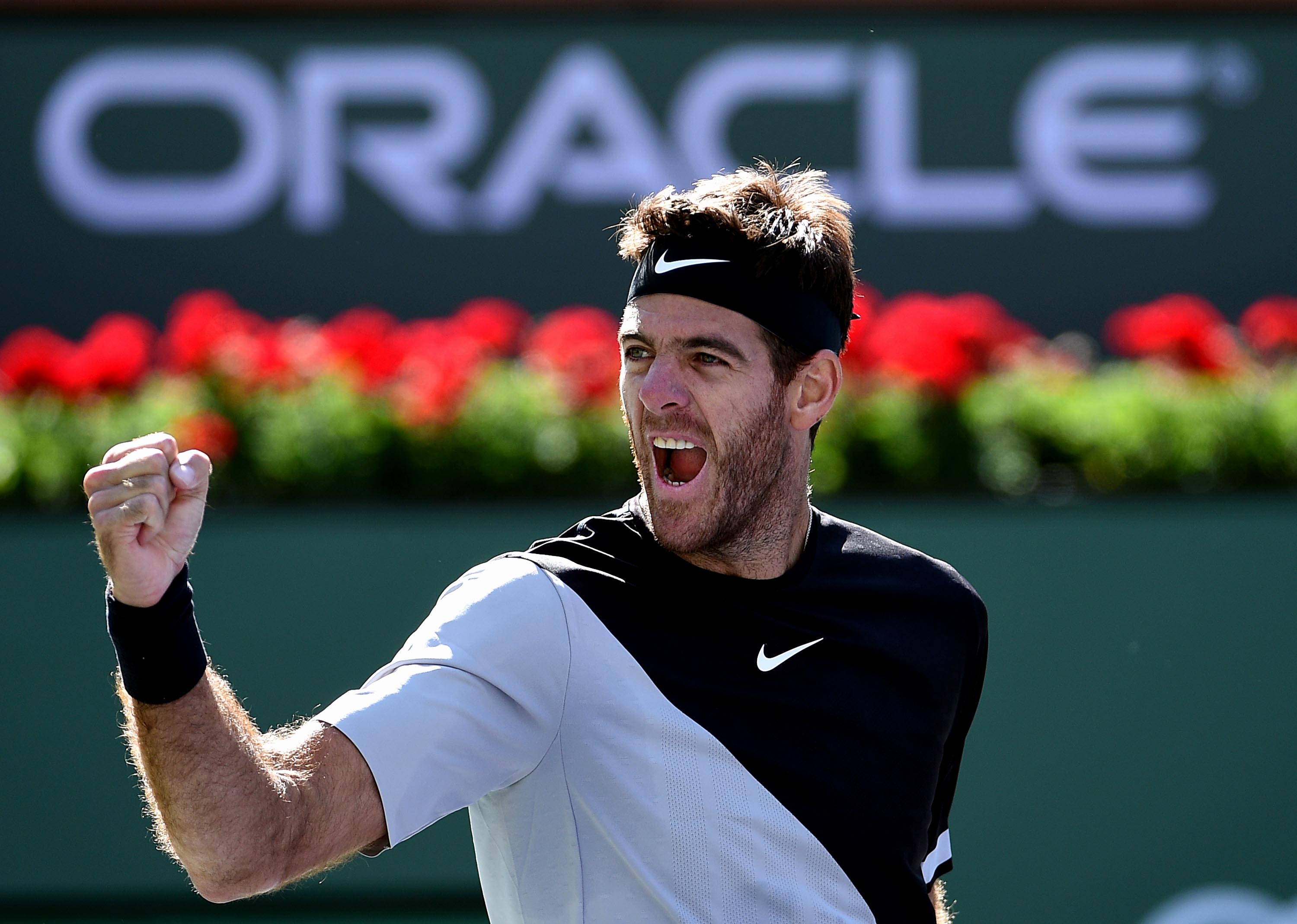 BNP Paribas Open - Day 13 - Télam 17/03/2018 Indian Wells, Estados Unido: Juan Martín del Potro festeja el triunfo donde derrotó hoy al canadiense Milos Raonic por 6-2 y 6-3 y mañana jugará contra el suizo Roger Federer, número 1 del mundo y máximo favorito al título, la final del Masters 1000 de Indian Wells, en Estados Unidos.  Foto:  Kevork Djansezian/AFP