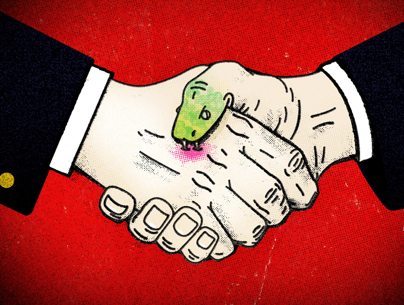 01 Jul 2014 --- Snake bite Handshake --- Image by © Jay Vollmar/Corbis-For latest restrictions check www.corbisimages.com